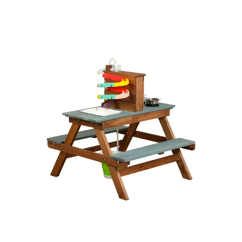 Kids Outdoor Folding Table - COMMIKI 木製屋外ゲームテーブル、プレイフードプール、ウォーターポンプ、循環式ステンレス製調理器具、子供用折りたたみバケツ