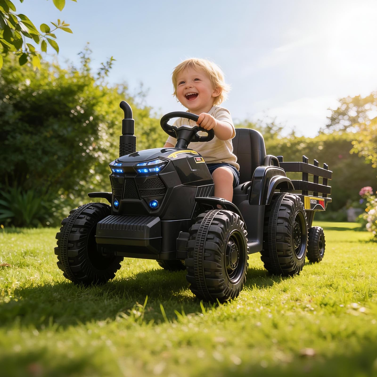 Kids Outdoor Music - 12Vキッズライドオントラクター（トレーラー付き）、デュアル35Wモーター、3速電動ファームトラック、LEDライト、音楽、USB、屋外用、対象年齢3～6歳