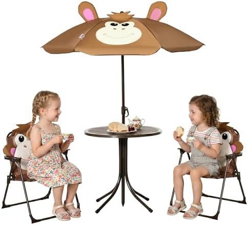 Kids Outdoor Folding Table - キッズテーブル＆チェアセット ピクニックテーブル傘 ブラウンモンキー | 屋外折りたたみ式ガーデン家具、パティオ裏庭用
