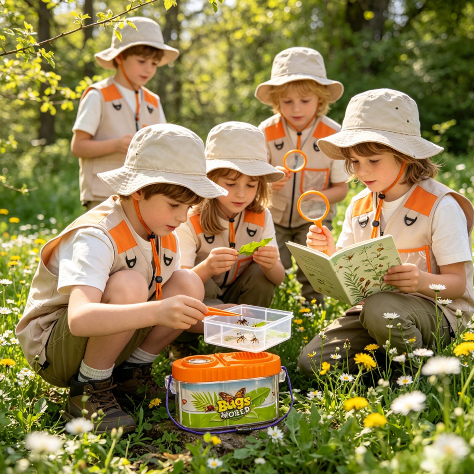 Kids Outdoor Explorer Set - 子供用アドベンチャーキット 虫眼鏡付き帽子 軽量科学キット 子供用自然観察 虫捕り キャンプキット