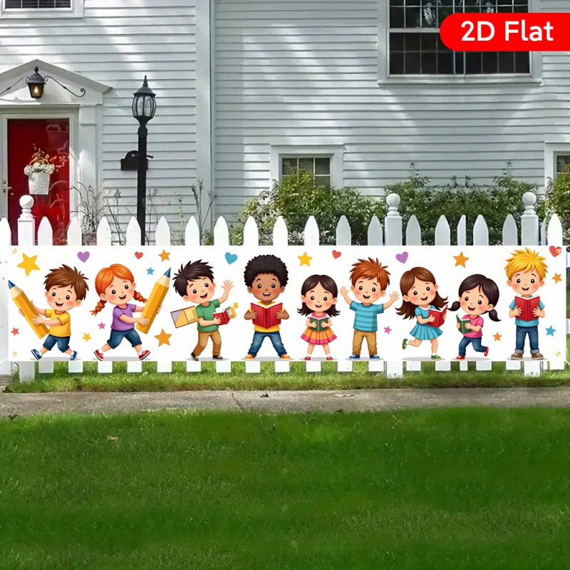 Kids Outdoor Yard - VIKAMA バックトゥスクールヤードバナー 2D フラットキッズ鉛筆ブックプリント屋外ガーデンフェンス吊り下げ背景幕学校パーティー装飾