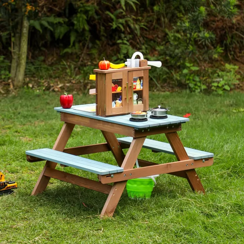 Kids Outdoor Mud Table - 子供用木製ピクニックテーブルセット、泥遊びキッチン、椅子付き、環境に優しい屋外遊具、対象年齢2〜7歳