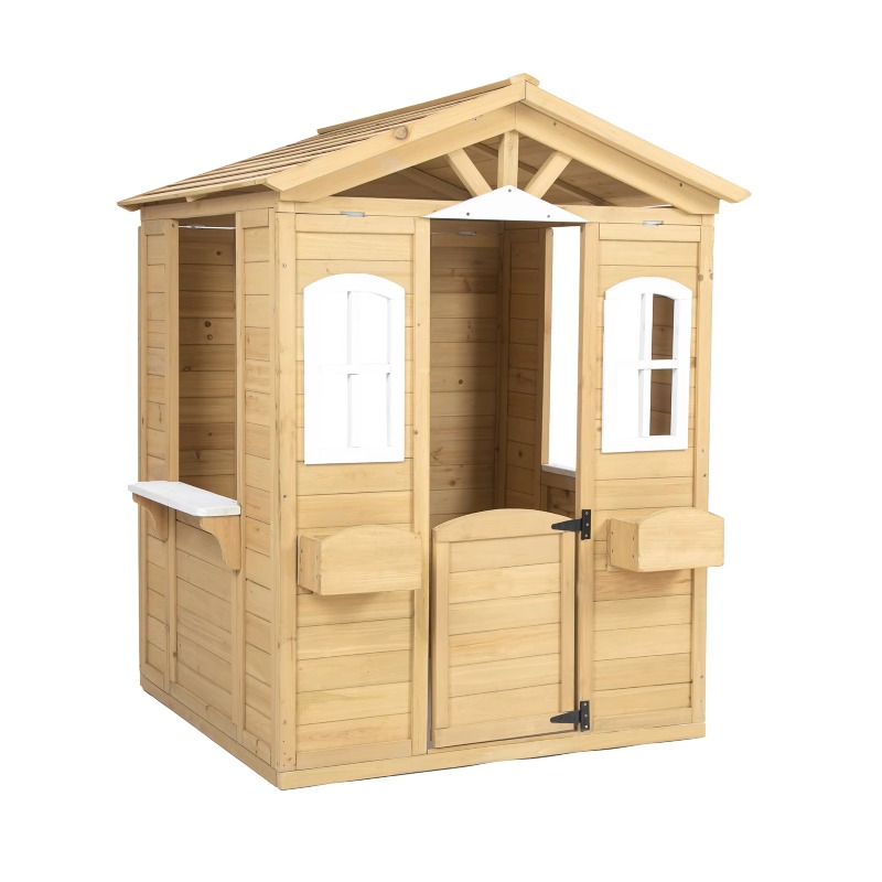 Kids Outdoor Furniture - モダンでクラシックな木製キッズプレイハウス、屋外家具、開閉可能なドア、窓、メールボックス、植木鉢ホルダー付き