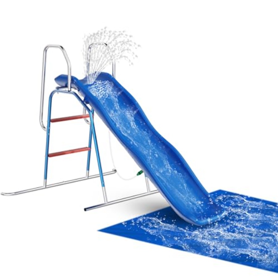 Kids Outdoor Zone - 子供用裏庭ウォータースライド：PVC素材、青色、3ゾーンスプレースプリンクラーと安全な屋外夏用ウォーターファンプ用の地面用タープ