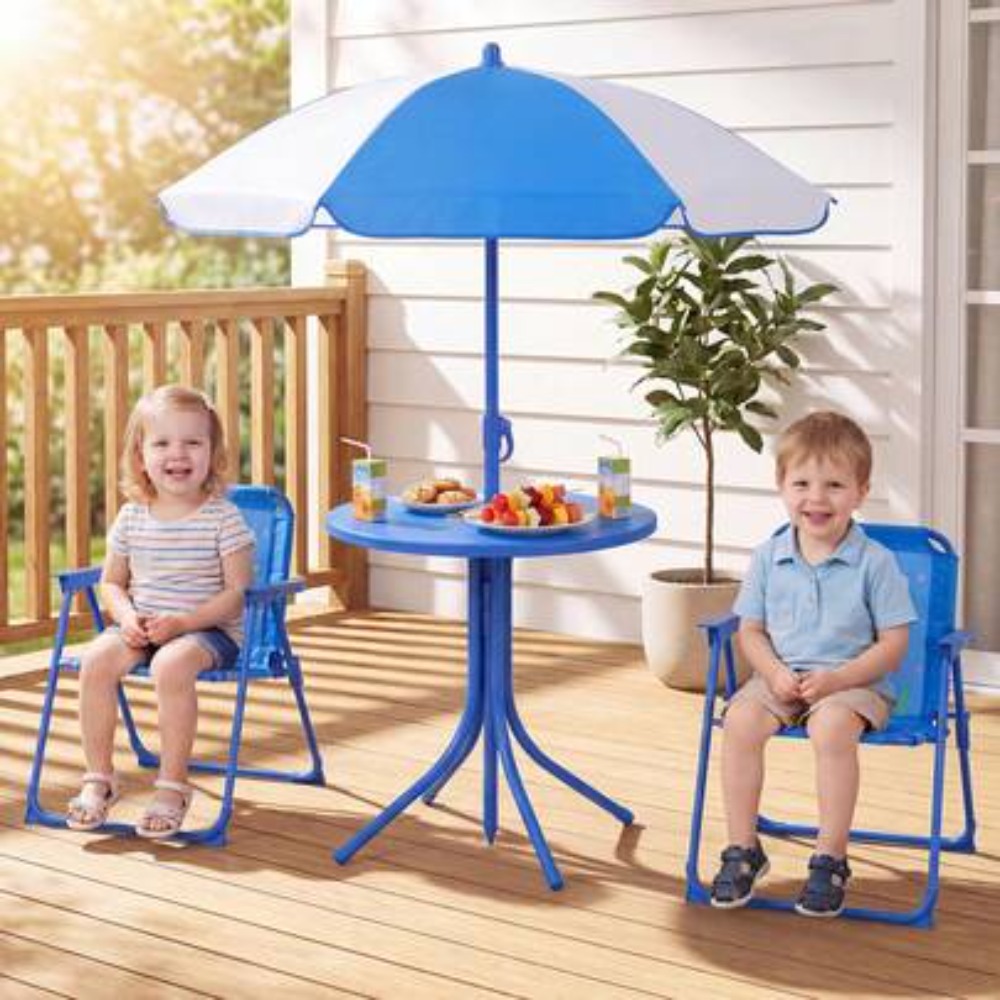 Kids Outdoor Folding Table - 子供用ピクニックテーブルアウトドアセット、折りたたみ椅子2脚と調節可能な日傘付き、3歳から8歳までの幼児向け、頑丈なプラスチック製、持ち運び可能なパティオガーデン裏庭プレイハウス、フィッシャープライススタイルギフト