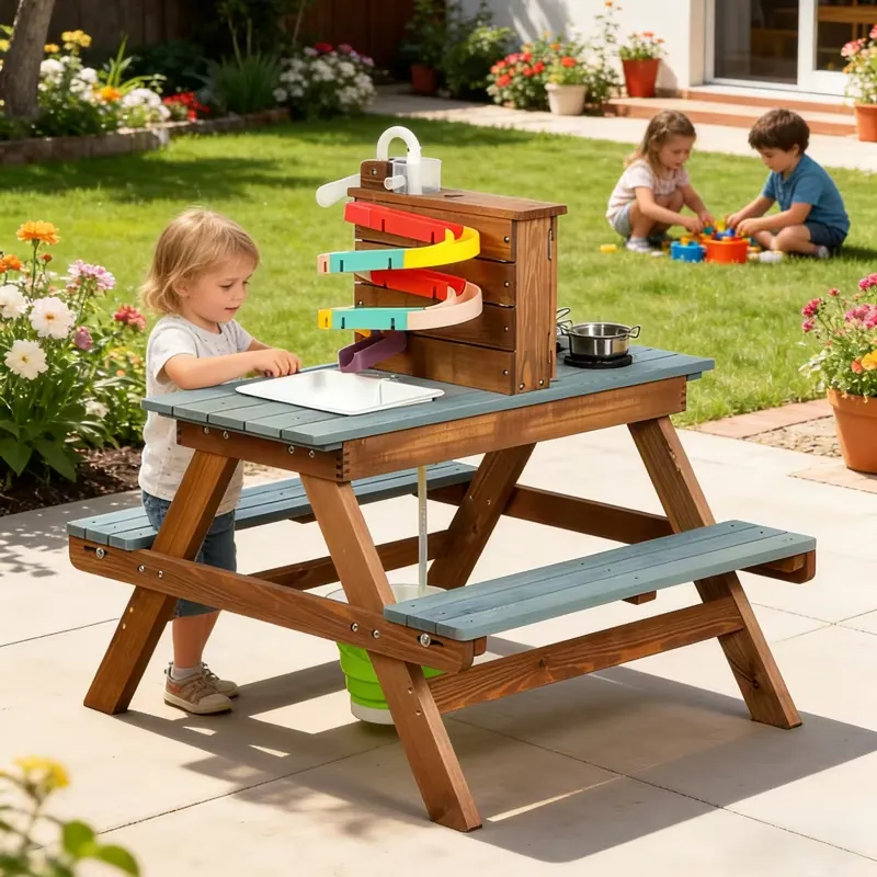 子供用木製ピクニックテーブルセット、泥遊びキッチン、椅子付き - Kids Outdoor Mud Table のレビューと価格