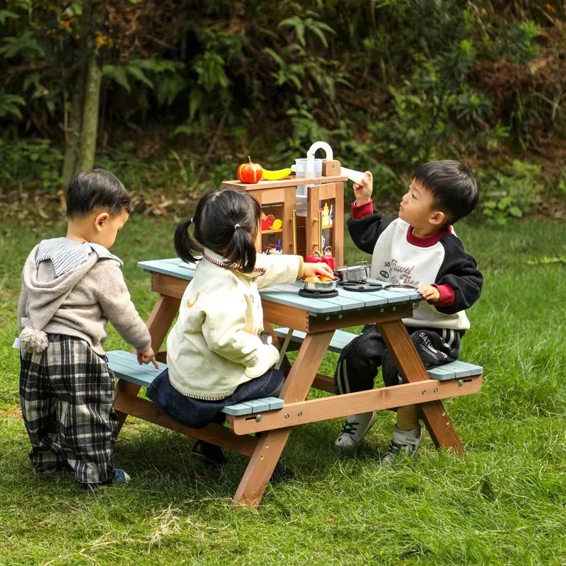 子供用木製ピクニックテーブルセット、泥遊びキッチン、椅子付き - Kids Outdoor Mud Table のレビューと価格