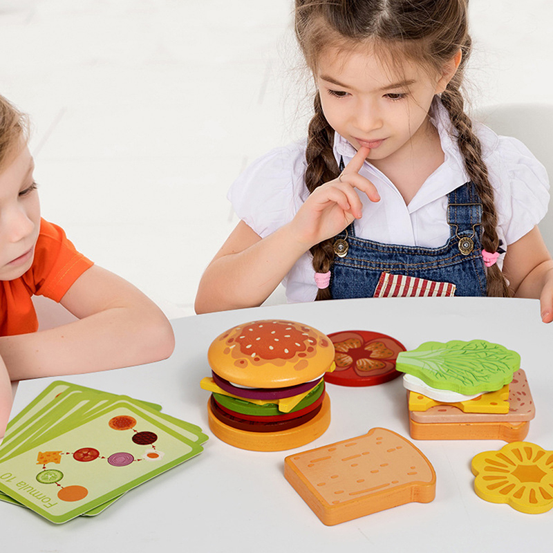 新しい木製ハンバーガーサンドイッチ積み重ねおもちゃ 子供用  - Kids Outdoor Kitchen Accessories のレビューと価格