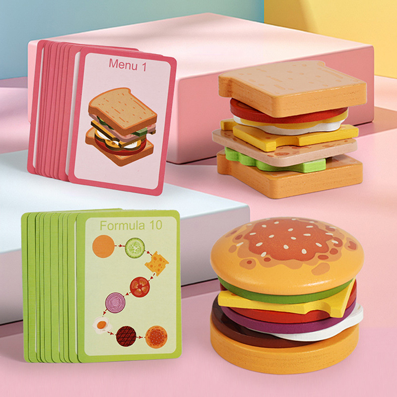 新しい木製ハンバーガーサンドイッチ積み重ねおもちゃ 子供用  - Kids Outdoor Kitchen Accessories のレビューと価格